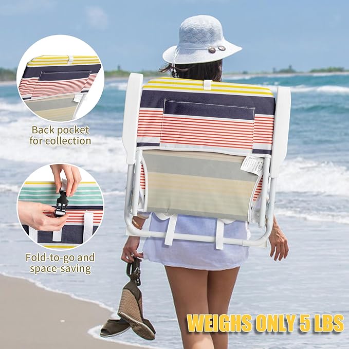 UDeuxff Folding Backpack Beach Chair,Portable Camping Chair with Storage Cup Holder & Adjustable Headrest,Backpack Lawn Chairs for Sunbathing,Camping (Multicolor)