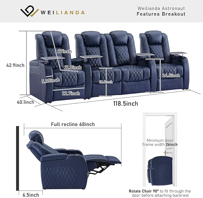 Weilianda Home Theater Seating Top Grain Leather Zero Gravity Recliner Chair Power Headrest Recline Movie Seat Gaming 7 Colors Mood Light Sofa with Tray Table USB Charge Row of 4 Loveseat Middle Blue