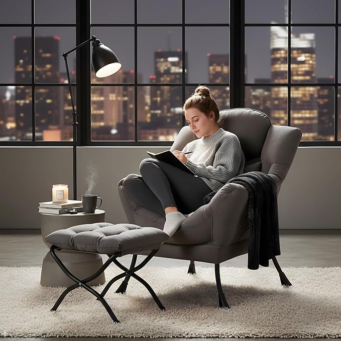 Furlide Lazy Chair with Ottoman, Comfy Fabric Accent Lounge Arm Chair with Lumbar Pillow and Folding Footrest, Reading Leisure Sofa Armchair for Bedroom, Living Room, Dorm,Dark Grey