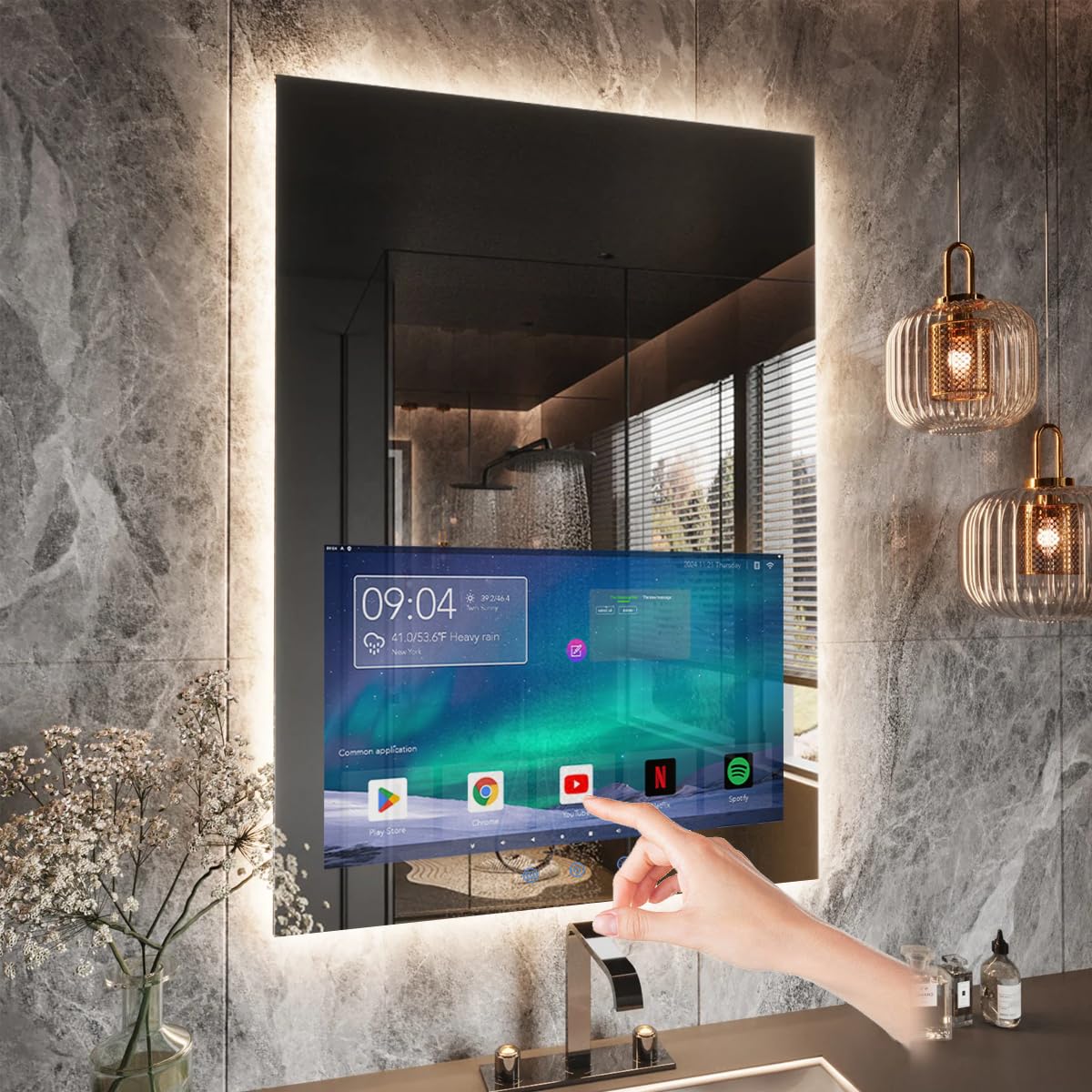 Haocrown 24x32 Inch Bathroom Vanity Mirror with 21.5" Touch Screen Smart System, Side-Lit LED Ambient Lighting, IP66 Waterproof & Anti-Fog, Streaming Apps, Wi-Fi Bluetooth HDMI, Wall Mounted (2026)