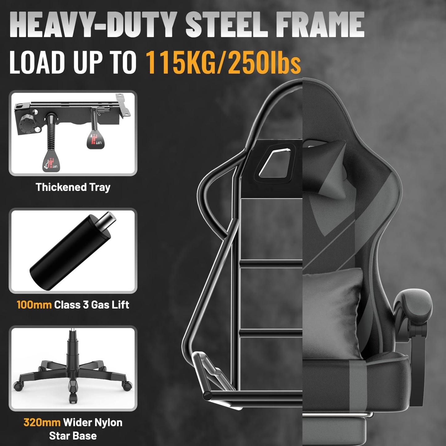 Soontrans Grey Gaming Chair with Large Mouse Pad, Ergonomic Computer Office Chair with Wider Seat Cushion, Reclining PU Leather Gamer Chair with Footrest for Adults, High Back Video Game Chair
