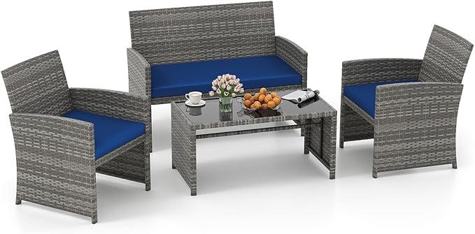 Tangkula 4 Piece Patio Wicker Furniture Set, Outdoor Heavy Duty Rattan Cushioned Chairs, Loveseat and Tempered Glass Coffee Table, for Backyard, Balcony, Poolside (Navy)