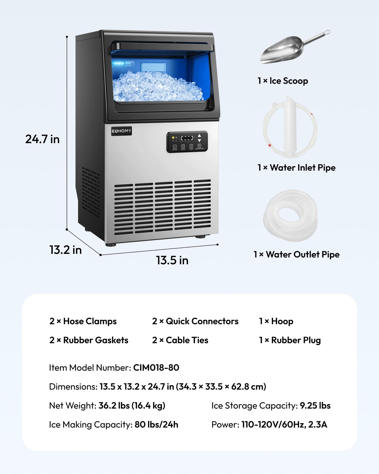 EUHOMY Commercial Nugget Ice Maker Machine, 80lbs/24H, Stainless Steel Under Counter Pebble Ice Maker with Water Filter, 9.25lbs Storage Bin, Soft Sonic Ice Machine for Home/Bar/Cafe/Restaurant