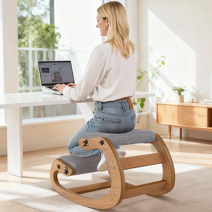 TinyHaven Ergonomic Kneeling Chair with Wooden Frame - Adjustable Height Office Chair with Soft Padding for Back Pain Relief, Posture Correcting Home & Office Desk Chair Wood