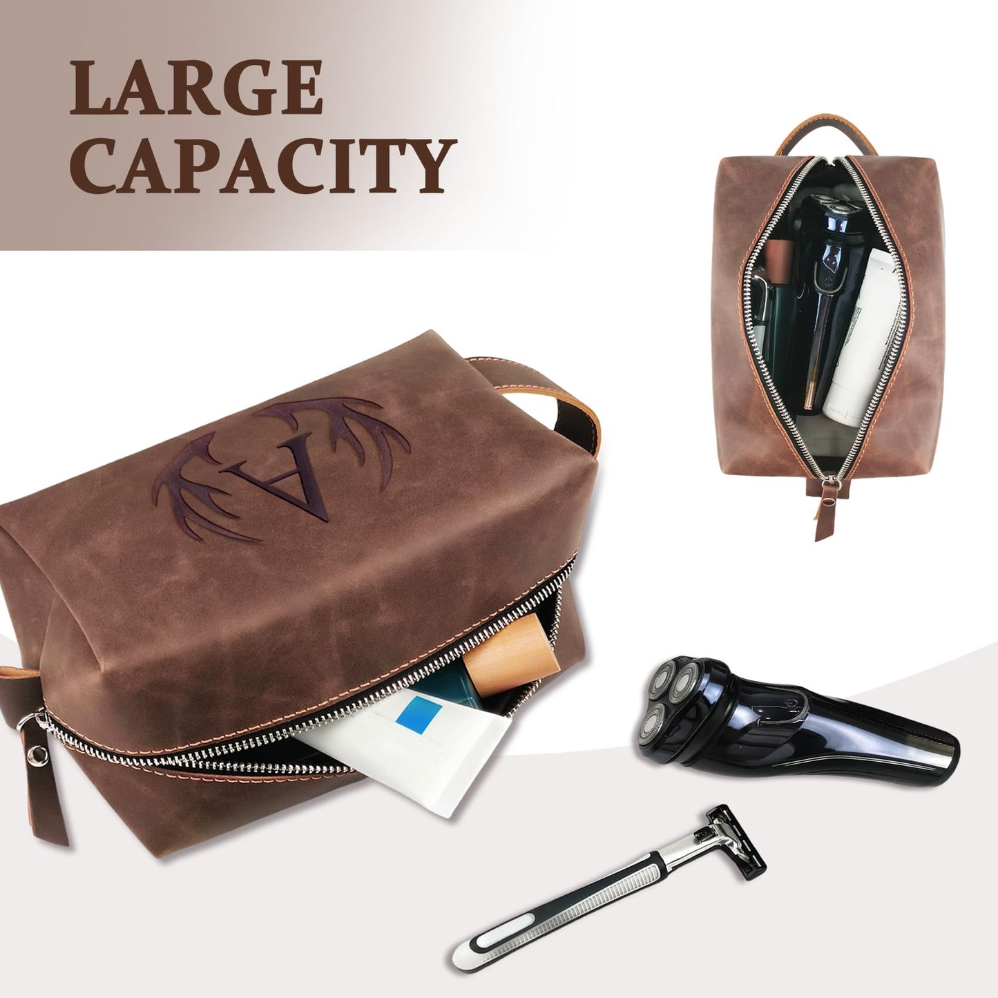 Aganmi Personalized Mens Travel Toiletry Bag Engraved Initial Letter PU Leather Waterproof Shaving Bag Cool Boss Colleague Friends Brother Gifts Storage Bags Fathers Day Birthday Gifts for Men (T)