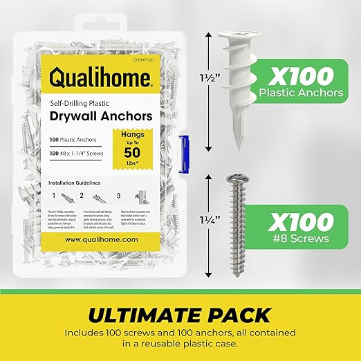 Qualihome Drywall Anchors with Screws – 200 Piece Set (100 Anchors + 100#8 x 1-1/4" Screws) | Self Drilling Drywall Anchors Heavy Duty | Wall Anchors for Drywall | Plastic Screw Anchor Kit