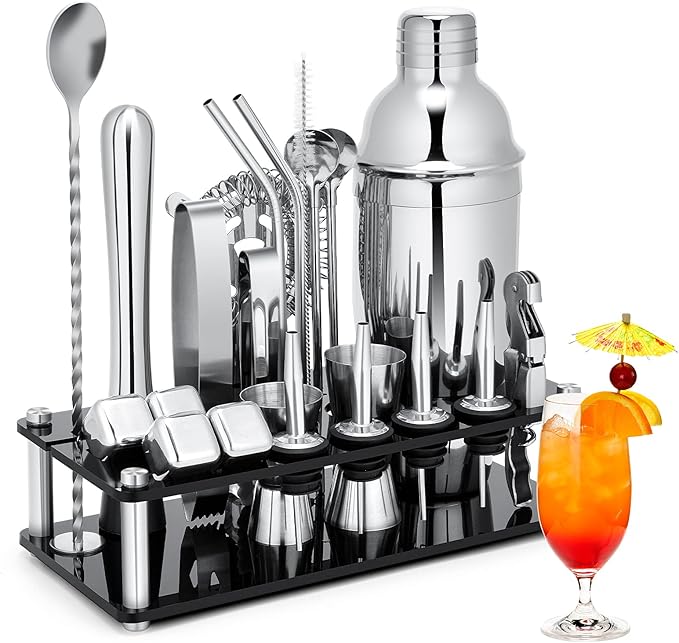 Cocktail Shaker Set, 23-Piece Stainless Steel Bartender Kit with Acrylic Stand & Cocktail Recipes Booklet, Professional Ba...