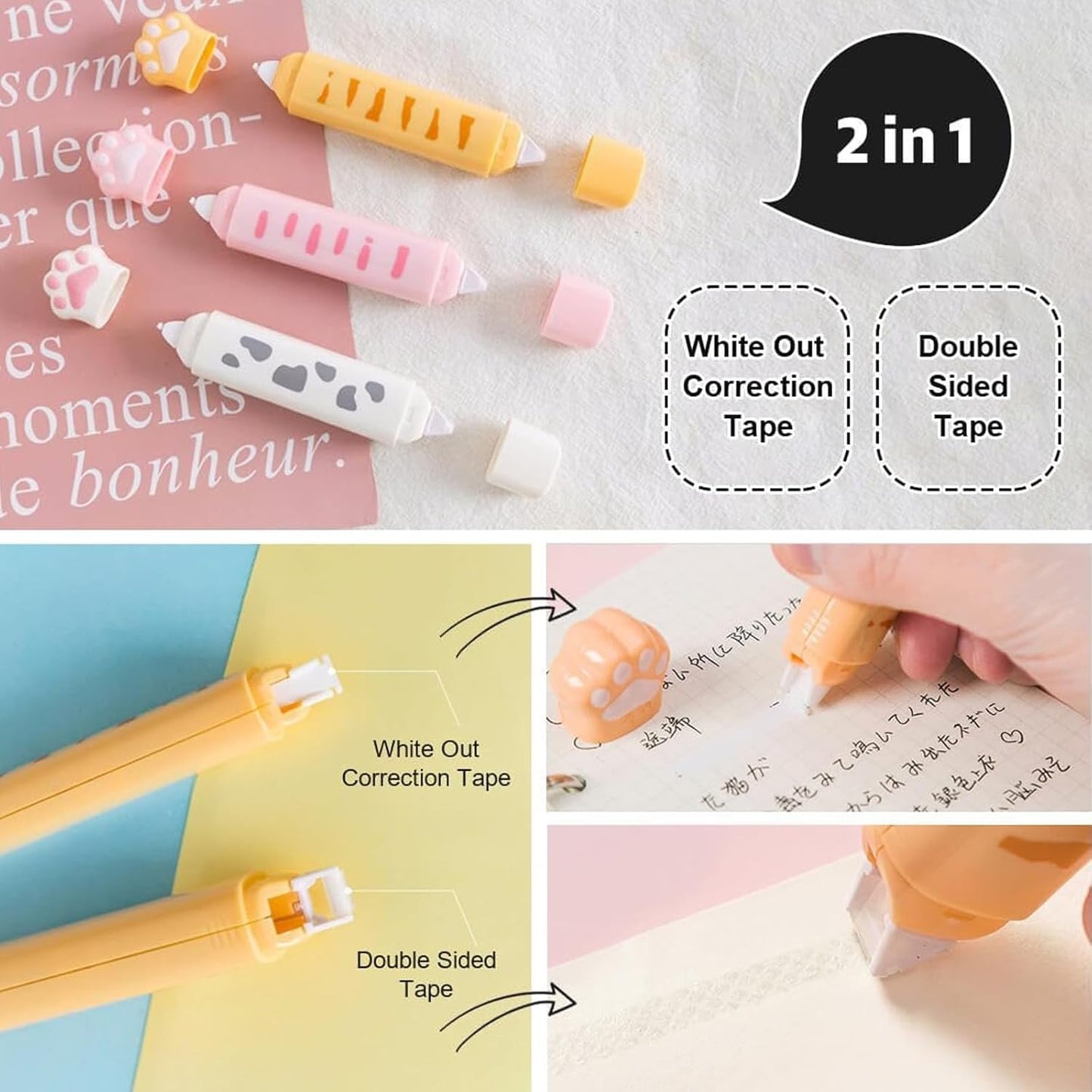 BetterJonny 3 Pcs Cute 2 In 1 Correction Tape and Glue Set, Double Sided Tape Roller, Kawaii Aesthetic Cat Office Supplies School Home Stationery