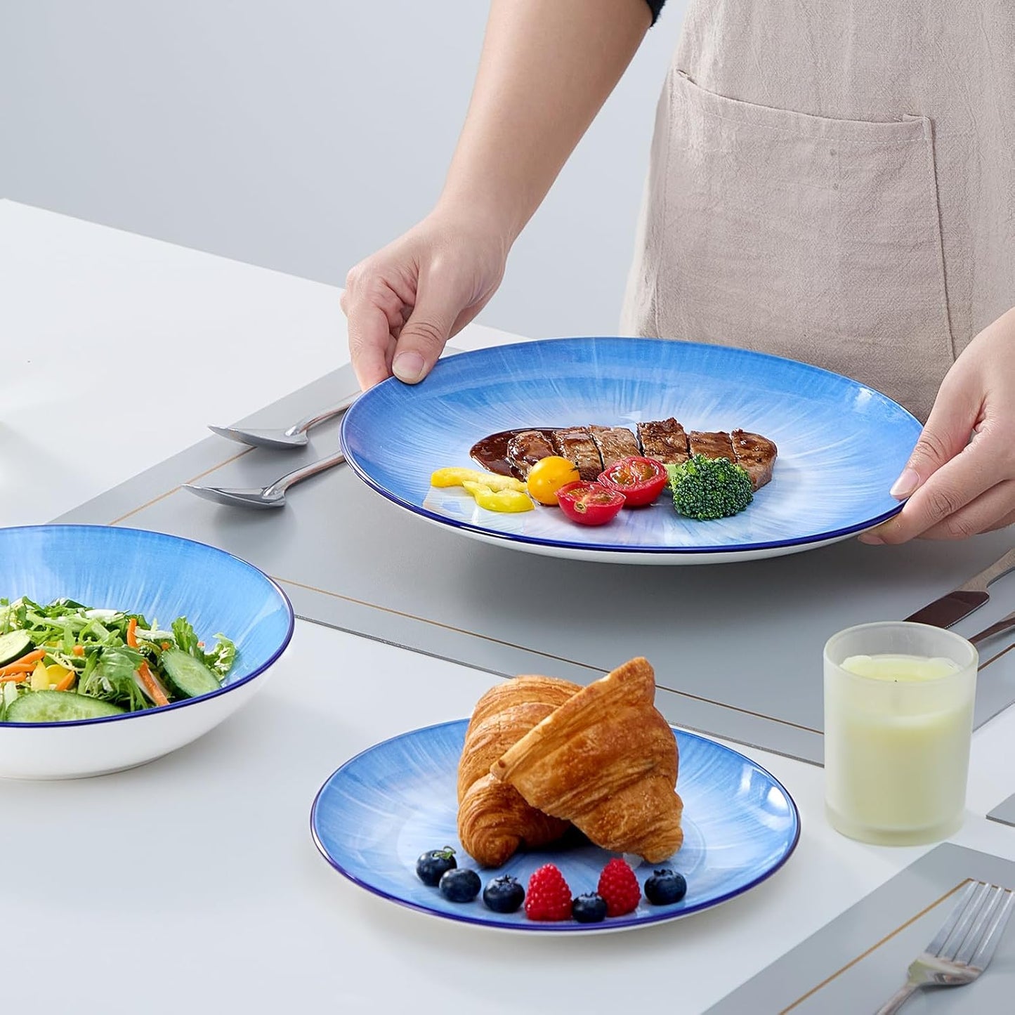 Bestone Porcelain Dinnerware Sets Service for 4, 12 pcs Hand drawn Plates and Bowls Sets, Handmade Ceramic Dish Set, Chip Resistant Modern Plate Set, Dishwasher/Microwave Safe，Starburst blue
