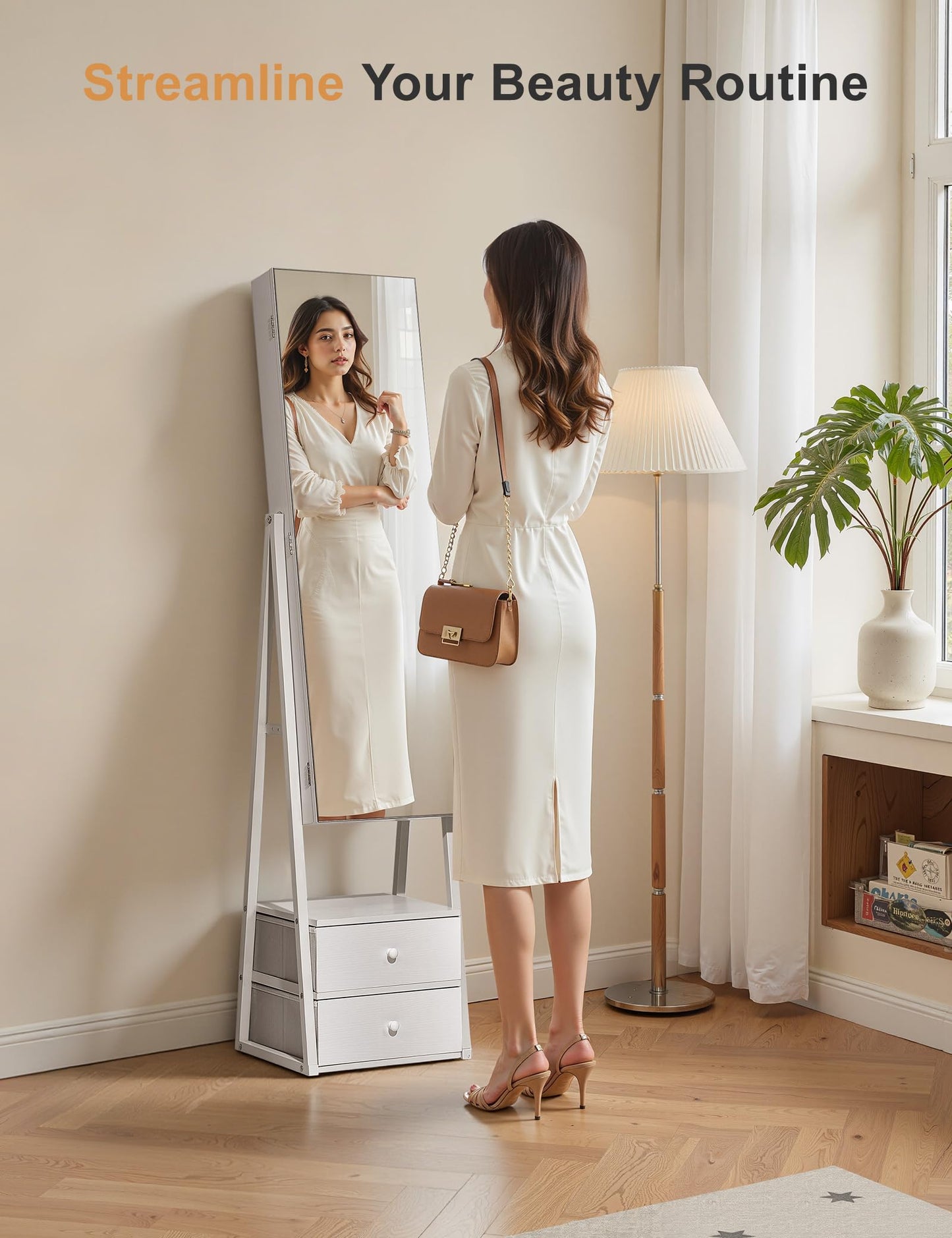 Nicetree Jewelry Cabinet, Standing Jewelry Mirror with Storage, Mirror Jewelry Armoire with 2 Drawers, Lock, Shelf, Polishing Cloth, Grain White