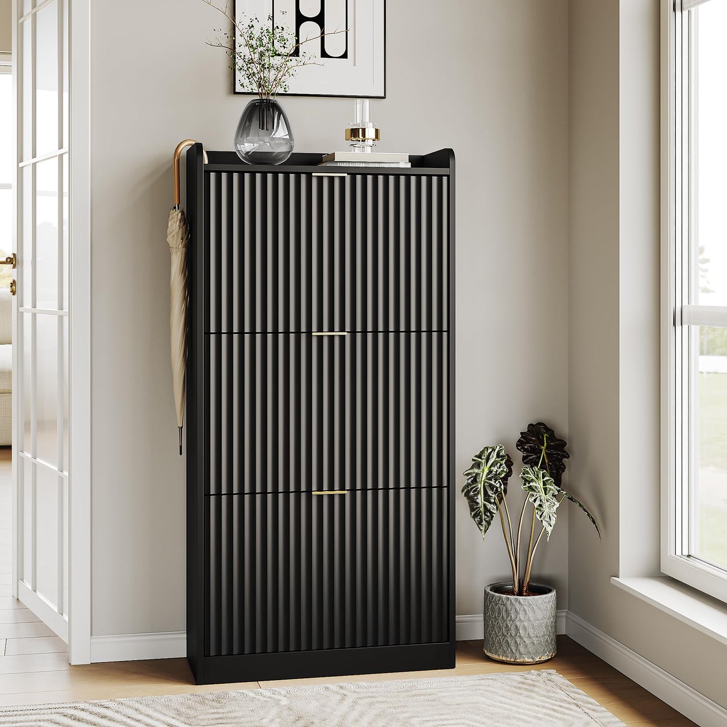 SINROM Fluted Shoe Cabinet with 3 Flip Drawers, Narrow Shoe Storage Cabinet for Entryway, Freestanding Shoes Rack Organizer Cabinets with Adjustable Shelves for Entryway, Hallway