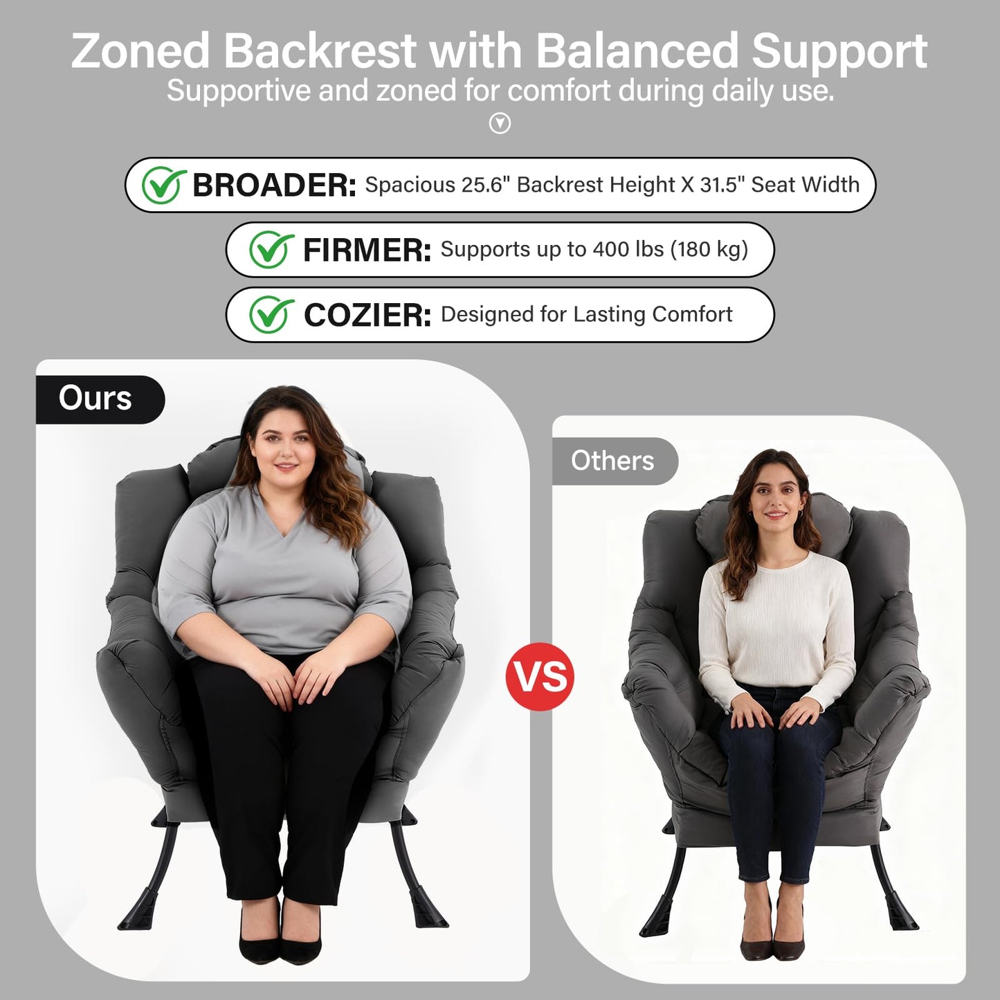 DreamNook Lazy Chair with Ottoman, Modern Accent Chair with Lumbar Pillow, Dark Grey Sofa, Armchairs with Folding Footrest, Oversized Supportive Chairs for Bedroom, Reading