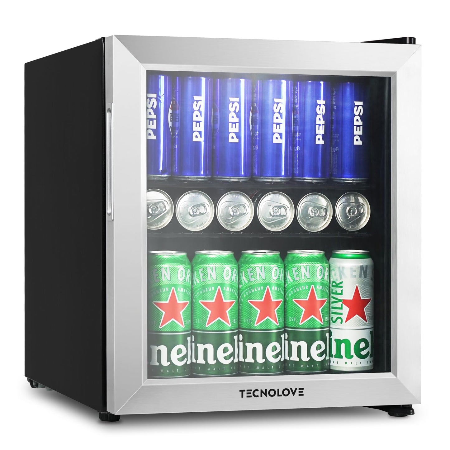 Tecnolove Beverage Refrigerator, 1.6 Cu.Ft Mini Fridge, Stainless Steel, LED Digital Temp Control, Double Glass Door, Adjustable & Removable Shelves, Compact Design for Home & Office