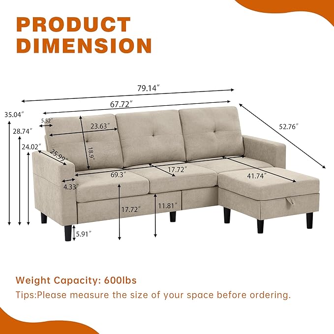 Pingliang Home 80" Convertible Sectional Sofa Couch with Movable Ottoman, 3 Seats Sectional Sofas L Shaped Couch for Small Spaces, Soft Fabric Couch for Living Room (Beige)