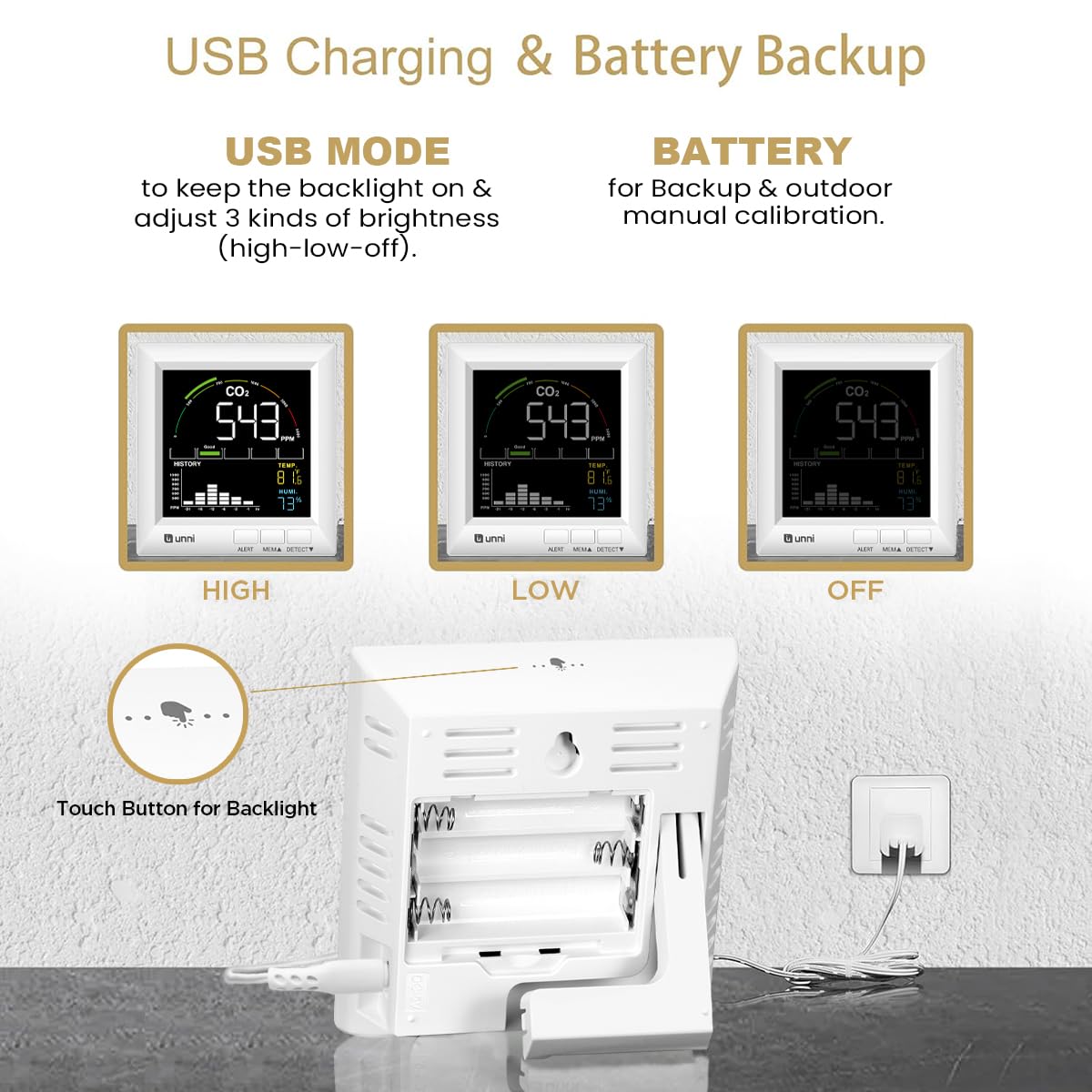 U UNNI CO2 Monitor Carbon Dioxide Detector for Home, 3 Adjustable Volume for Alerts & 3 Adjustable Backlight, Photoacoustic Sensor for Temperature Humidity & Indoor Air Quality Monitor