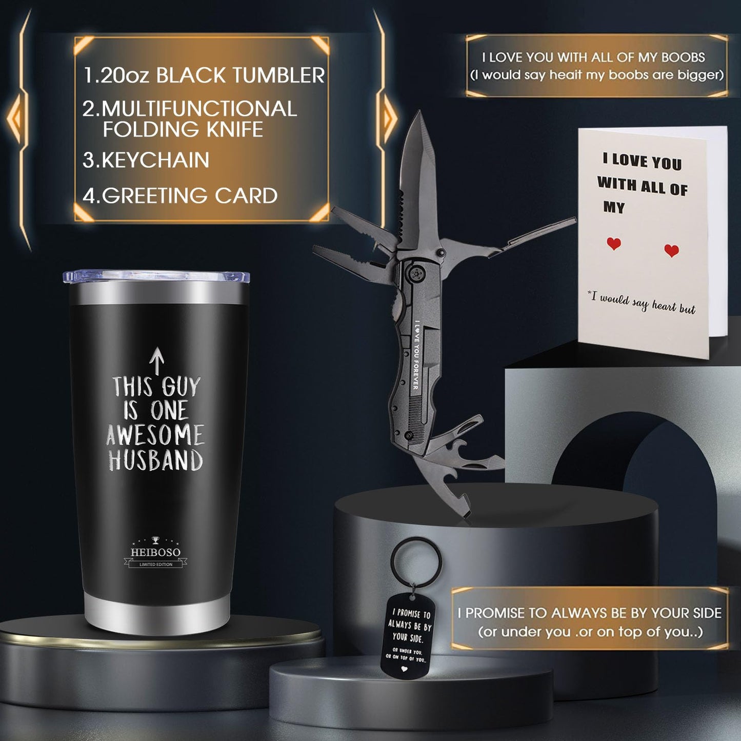 Gifts For Husband - Premium Insulated Tumbler & Multi-Tool Pocket Knife Set with Keychain & Greeting Card - Perfect Best Gifts,Anniversary, Birthday Gift for Him - Mens Wedding Keepsake Box