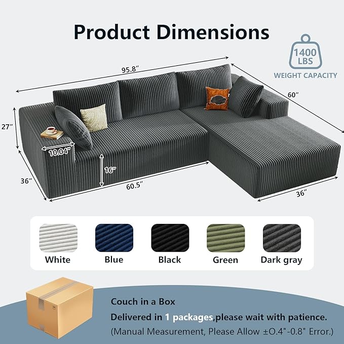 96" Cloud Sectional Couch with L-Shape Chaise, Modern Corduroy Boneless Couch for Living Room,Memory Foam Sofa with Deep Seat,No Assembly Required (Grey,Right-Facing Chaise)