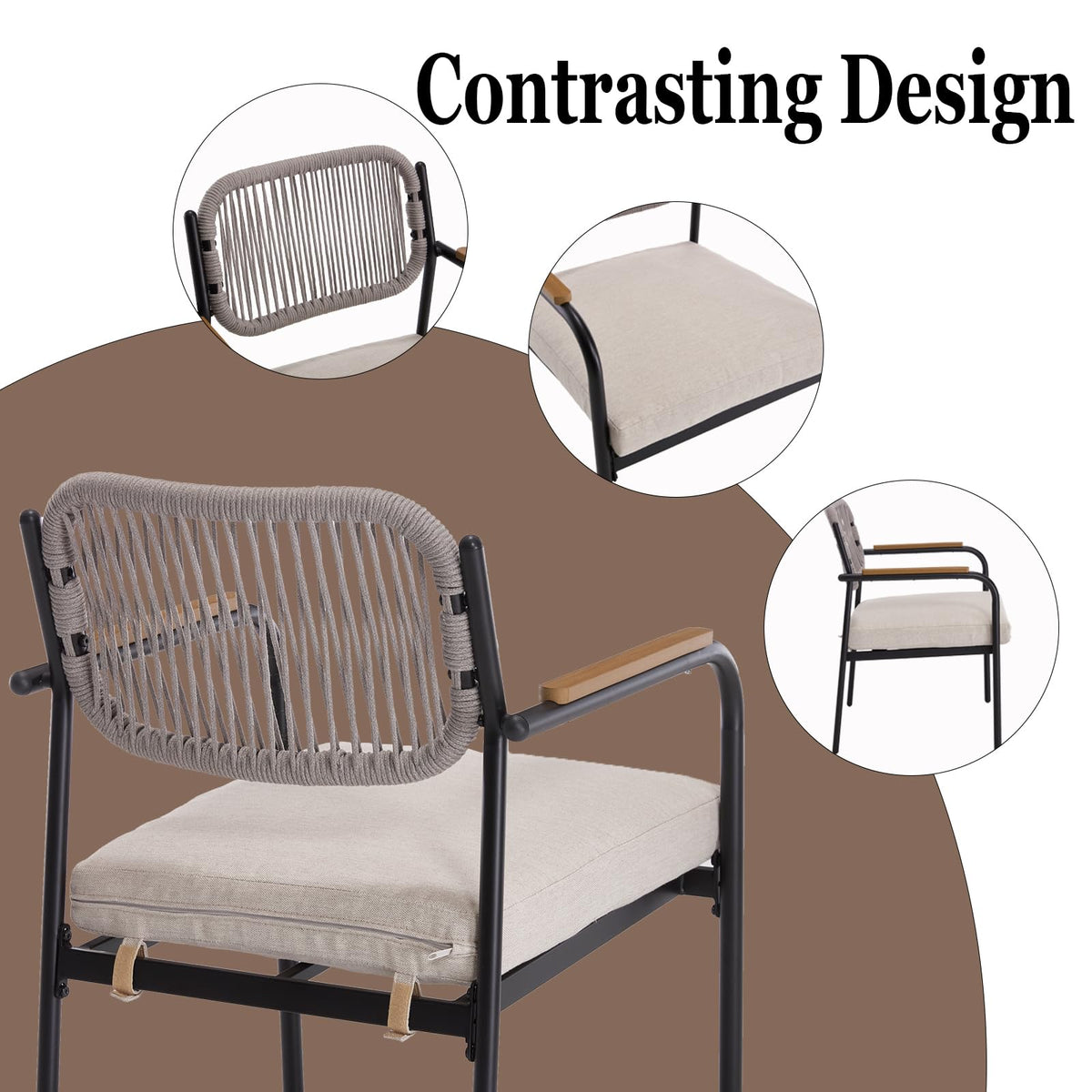 DAYAOUTDOOR Patio Dining Chairs Set of 4, Modern Outdoor Dining Set with Contrasting Design, Rope Dining Chair with Armrest, Patio Kitchen Chairs Set, Patio Furniture for Porch, Deck, Poolside, Beige
