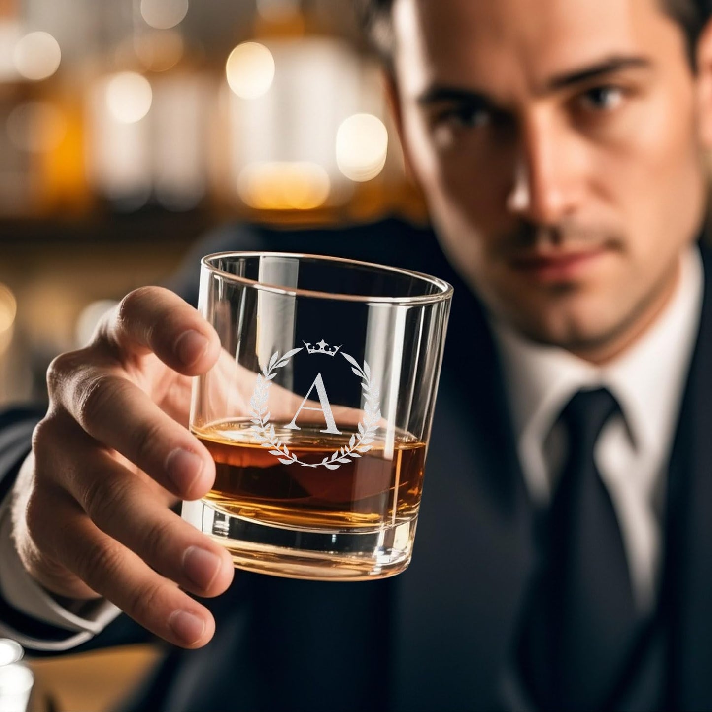 Personalized Whiskey Glasses Gifts for Men, Monogrammed Engraved A-Z 10.6 oz Rocks Glass Customized Gift, Unique Christmas Birthday Gifts for Men Him Dad Husband Brother Son (A)
