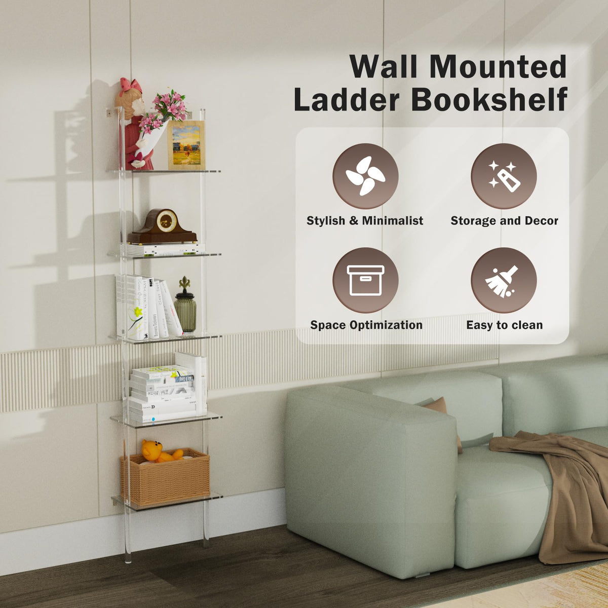 Nynelly 5-Tier Acrylic Ladder Bookshelf, Wall Mounted Narrow Display Shelf for Small Spaces, Clear Organizer Bookcase for Living Room, Bathroom, Office, Multipurpose Open Shelf Unit