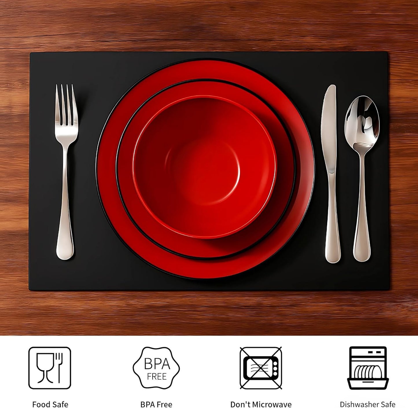 TP 12-Piece Dinnerware Set, Melamine Dishes Set with Bowls and Plates, Non-breakable and Lightweight Dinner Service for 4, Matt Black and Red