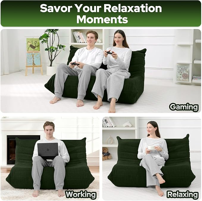 HABUTWAY Bean Bag Chairs Fireside Lazy Floor Sofa, Soft Teddy Fleece 2 Seater Sofa with High-Resilience Foam Filling，Beanbag for Living Room, Bedroom, Office (Green Teddy)