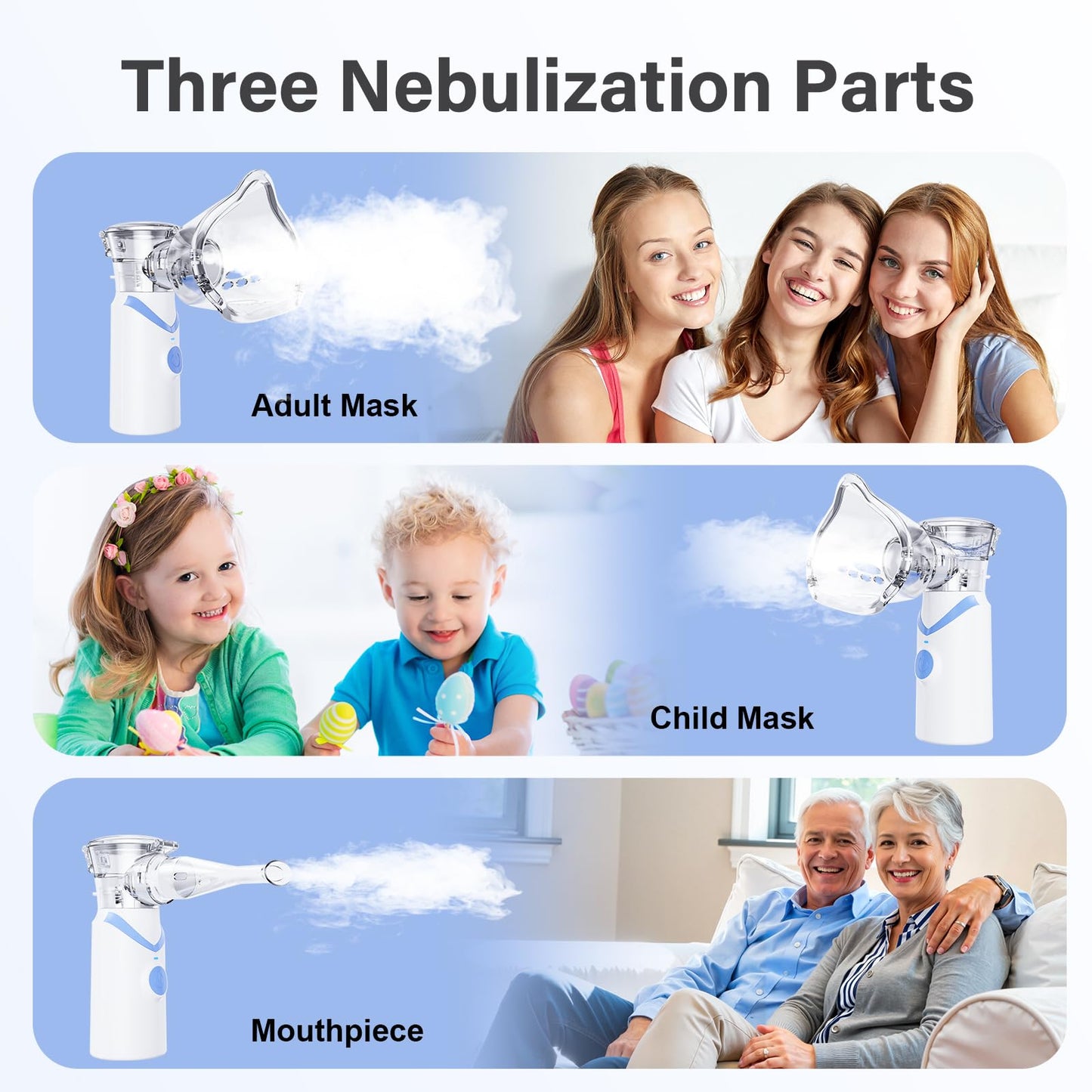 Portable Handheld Mesh Nebulizer – 3 Modes (Adult/Child/Auto-Clean), Ultra-Quiet <20dB, 800mAh Rechargeable, Fine Mist for Comfortable Use Spacer OTC (Blue)