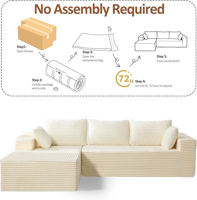 WUTUTUEE 110" Boneless Sectional Couch with Chaise Lounge, Cloud Couch Compressed Sofa L Shape, No Assembly Memory Foam Sofa for Living Room, White Corduroy
