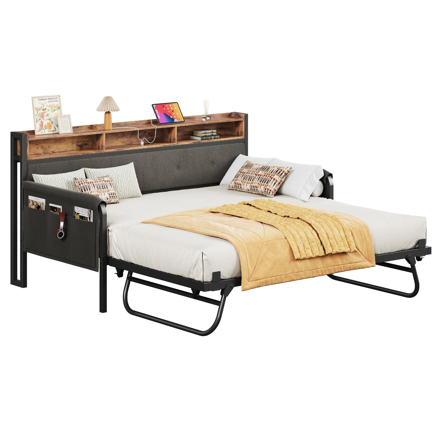 LIKIMIO Daybed with Trundle, Twin Bed Frame with Upholstered Headboard and Charging Station, Sofa Day Bed with Strong Supports for Living Room, Bedroom and Guest Room, Black