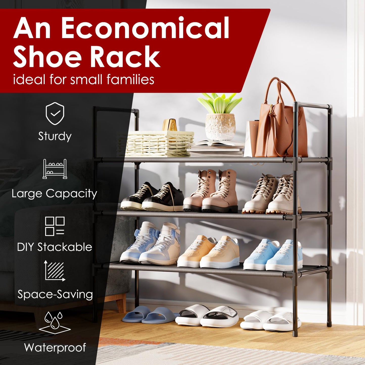 Sakugi Shoe Rack with Non-Woven Fabric - 3-Tier Shoe Organizer for Closet, Garage, Corridor & Entryway, Sturdy and Stackable, X-Large, Black