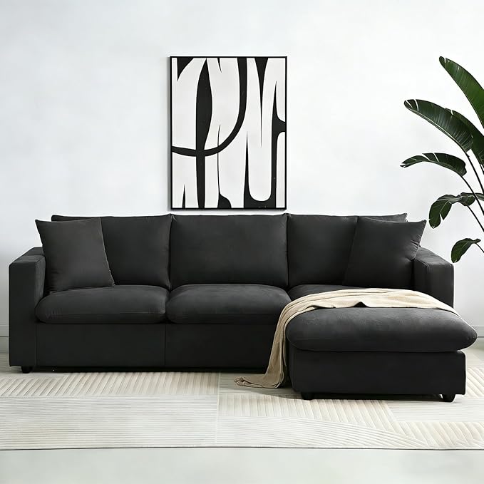 KIVENJAJA Black Cloud Couch for Living Room Apartment Small Spaces, Linen L Shaped Modular Sectional Sofa with Convertible Ottoman Chaise, Modern Minimalist, Metal Frame, 100.4" W 3 Seater
