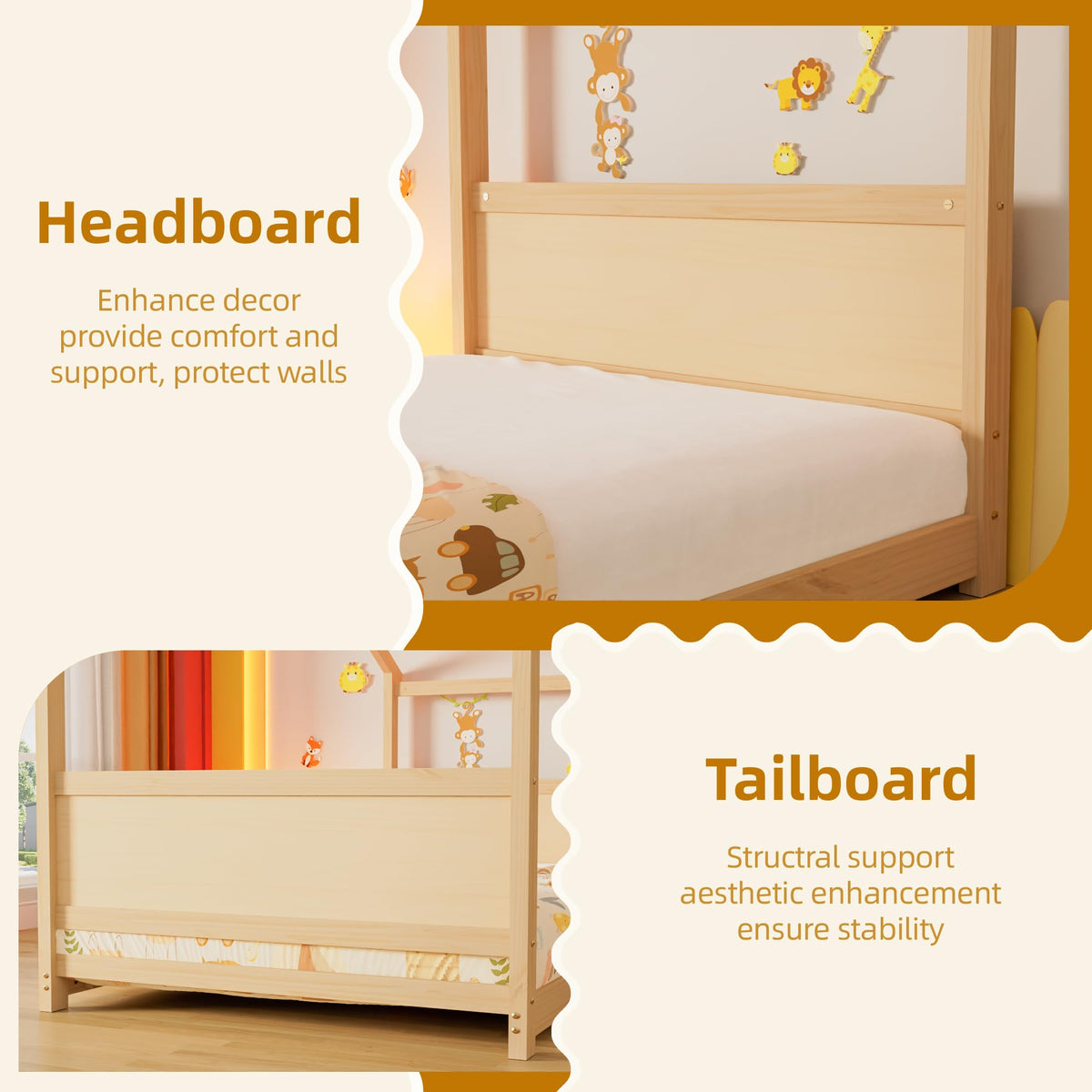 TOLEAD Twin Floor House Bed, Wood Twin Floor Bed Frame with Headboard & Footboard, Montessori House Bed Frame for Toddlers, Kids, Boys, Girls, Blue (Natural)