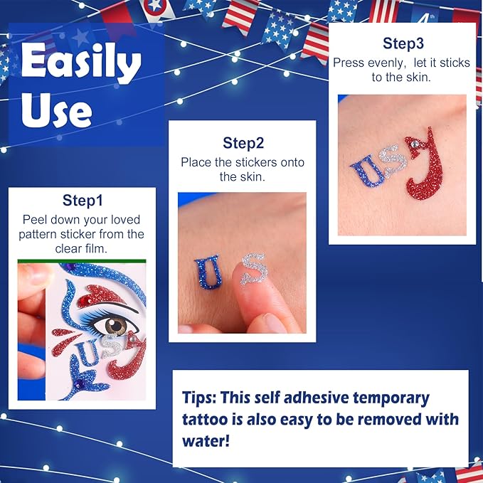 Yosca 6Pcs Independence Day Face Stickers, Red White Blue Temporary Tattoos for 4th of July Patriotic Glitter Makeup, Self Adhesive Star Face Art Sticker for Memorial Day Veterans Day USA Flag Party