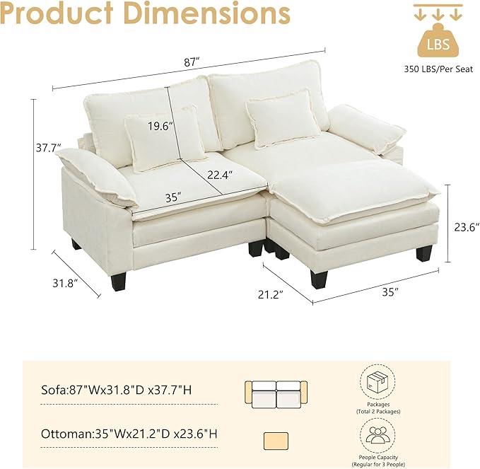 URRED Cloud Couch Modular Sectional Sofa, 87" Modern L Shaped Deep Seat Sofa with Ottoman & Pillows, Ultra Comfy Chenille Couches for Living Room, Bedroom or Apartment, White | Chenille Fabric, Skin Friendly, Breathable, Ergonomic Design, Flexible Modular