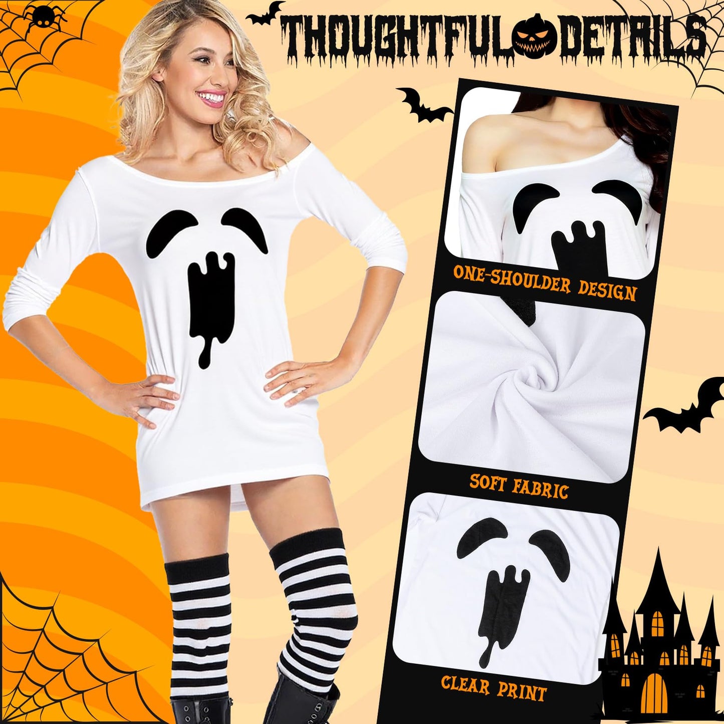 Brikabia Ghost Costume Halloween Costume for Women Ghost Dress Headband Striped Tights for Halloween Cosplay Party Outfits