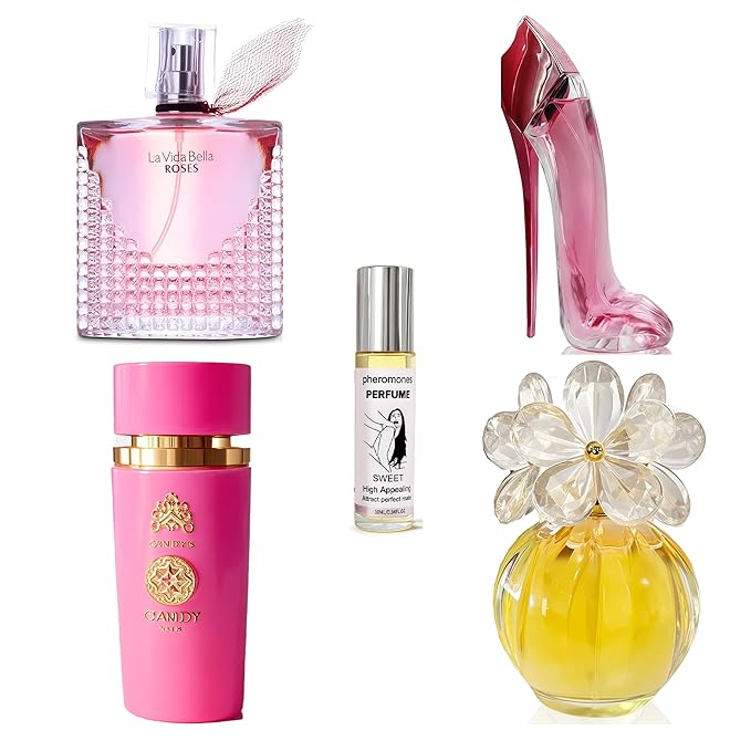 4-Piece Women's Perfume Set with 10ml Rollerball, EDP Collection, Variety of Fragrances,Long Lasting Fragrance (Sarah Candy/dcy black/La vida bella rose/Nice Girl Pink)