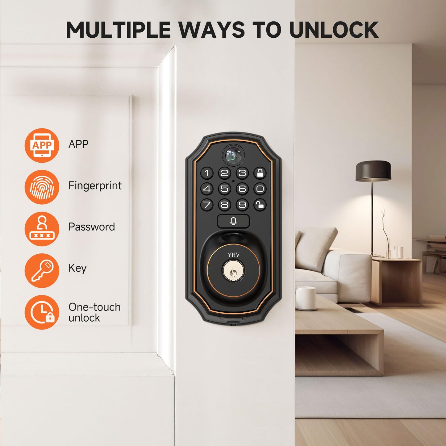YHV Keyless Entry Door Lock with Camera Fingerprint Smart Door Lock with App Remote Control, Wi-Fi Connected Electronic Keypad Code Deadbolt Auto Unlock for Front Door