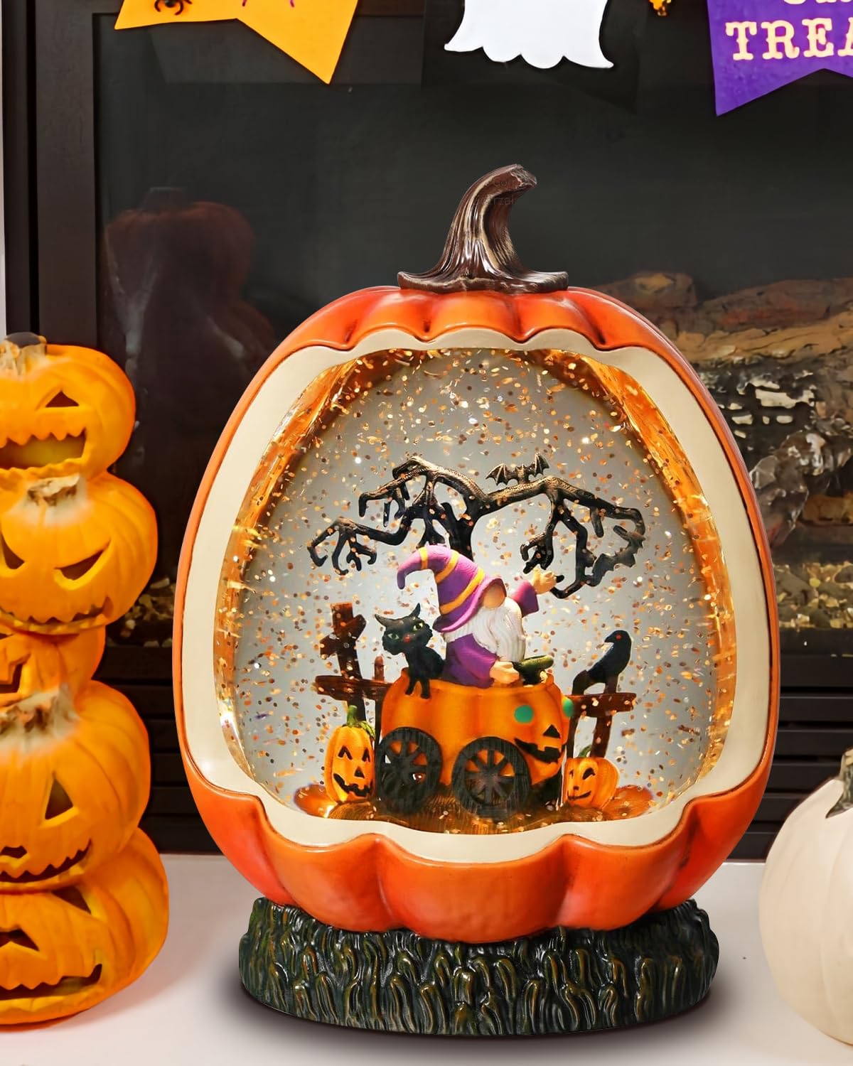 Halloween Pumpkin Snow Globe with Gnome Inside for Halloween Decorations, with Rotating and Lighting Functions，USB or Battery Operated