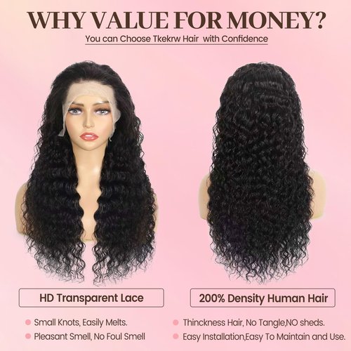 Tkekrw 30 Inch 13x6 HD Deep Wave Lace Front Wigs Human Hair 200 Density HD Frontal Water Wave Wigs Glueless Wet and Wavy Pre Plucked Curly Wig for Women 100% Brazilian Remy Virgin Hair Natural Black