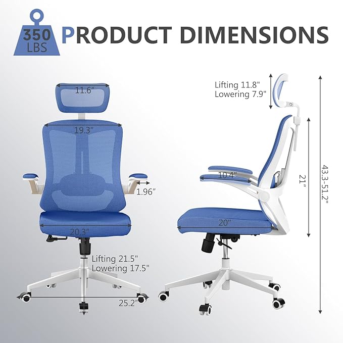 balmstar Office Chair,Ergonomic Comfy Home Desk Chair with 350LBS Capacity,High Back Gaming Chair with Wheels,Mesh Computer Chair,Lumbar Support, Adjustable Headrest,Flip-up Armrest