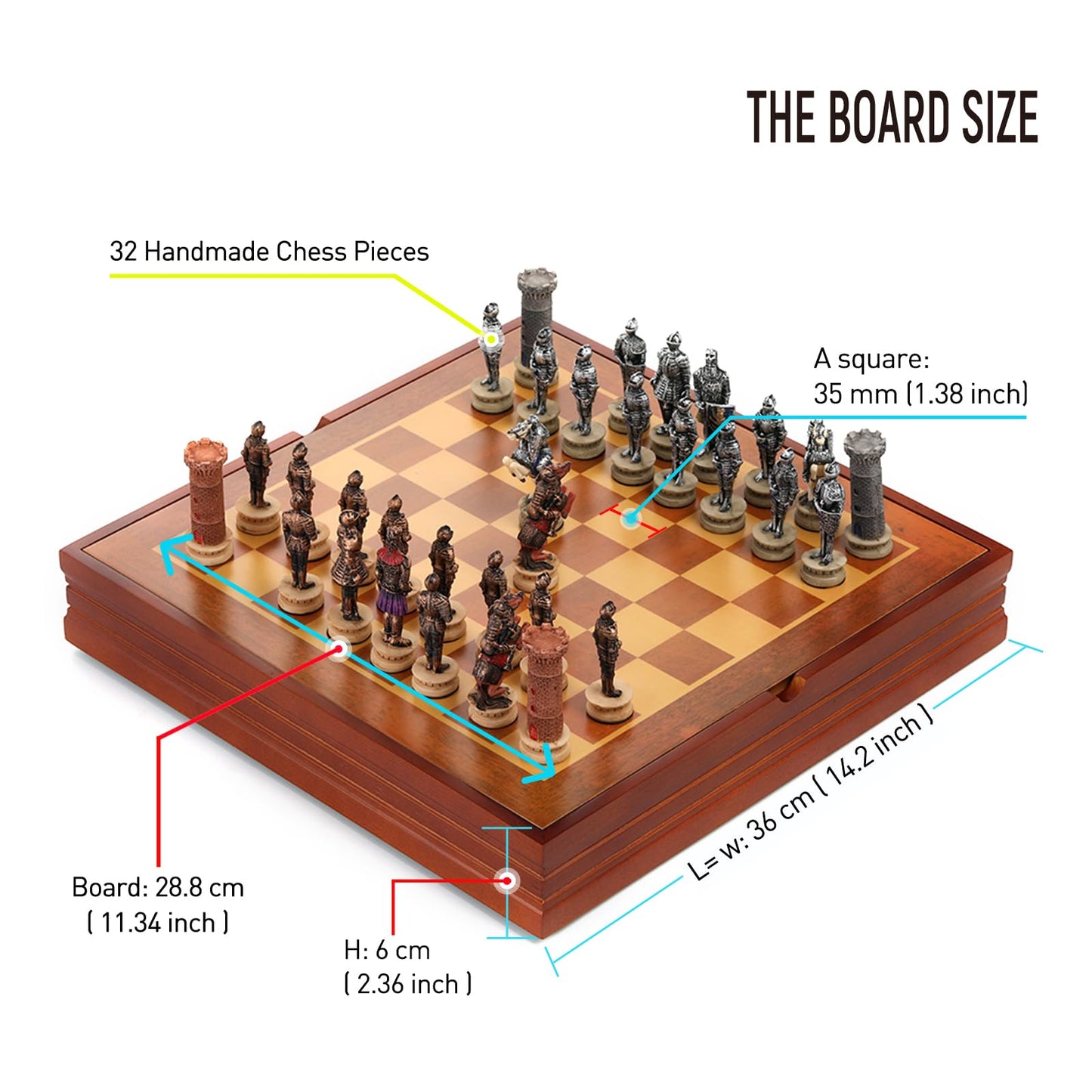Themed Chess Set Handmade Chess Set Medieval Knights Theme Resin Chess Pieces and Solid Wooden Chess Board with Storage Medieval Chess Set Gift for Birthday Thanksgiving Christmas for Adults 2 Players