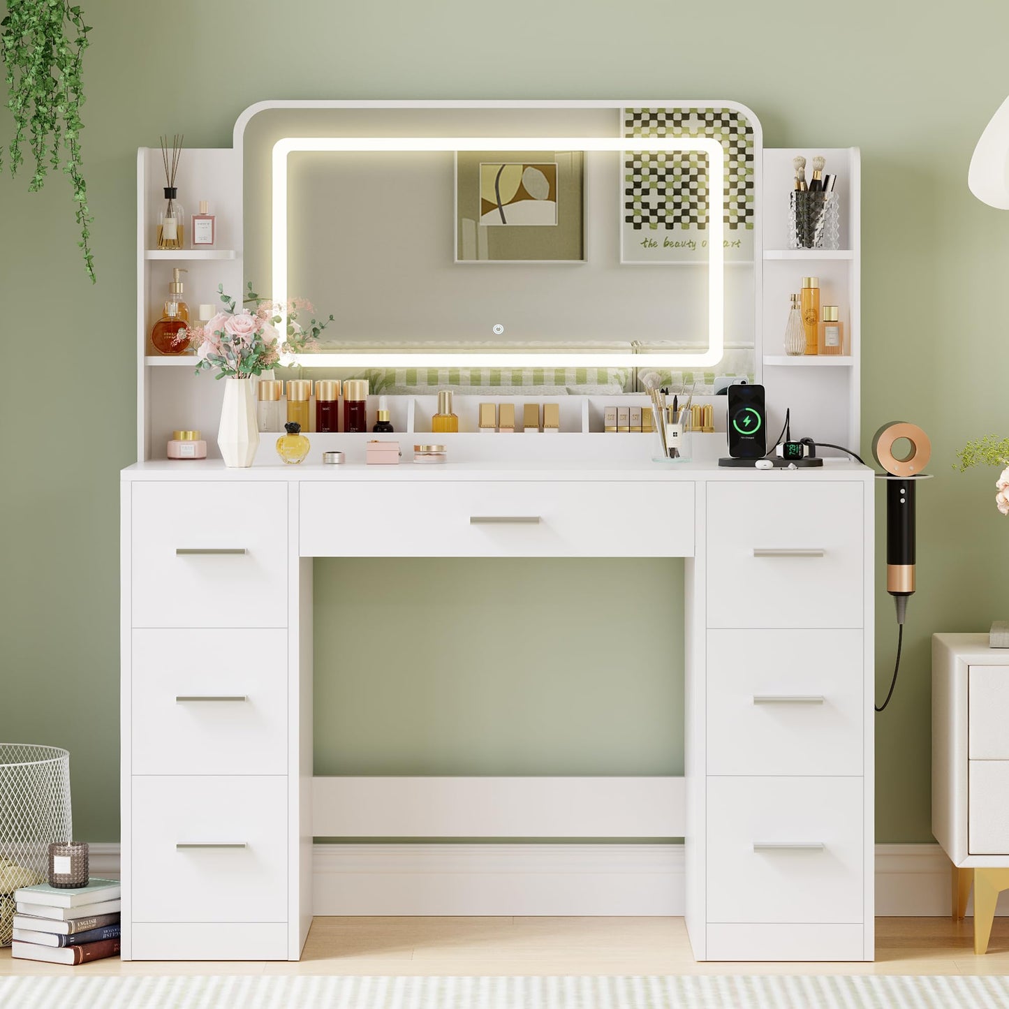 JUMMICO Makeup Vanity Desk with Large Mirror and LED Lights, Vanity with Power Strip and Hairdryer Holder, 6 Open Shelves and 7 Drawers Modern Dressing Table, for Bedroom (White)