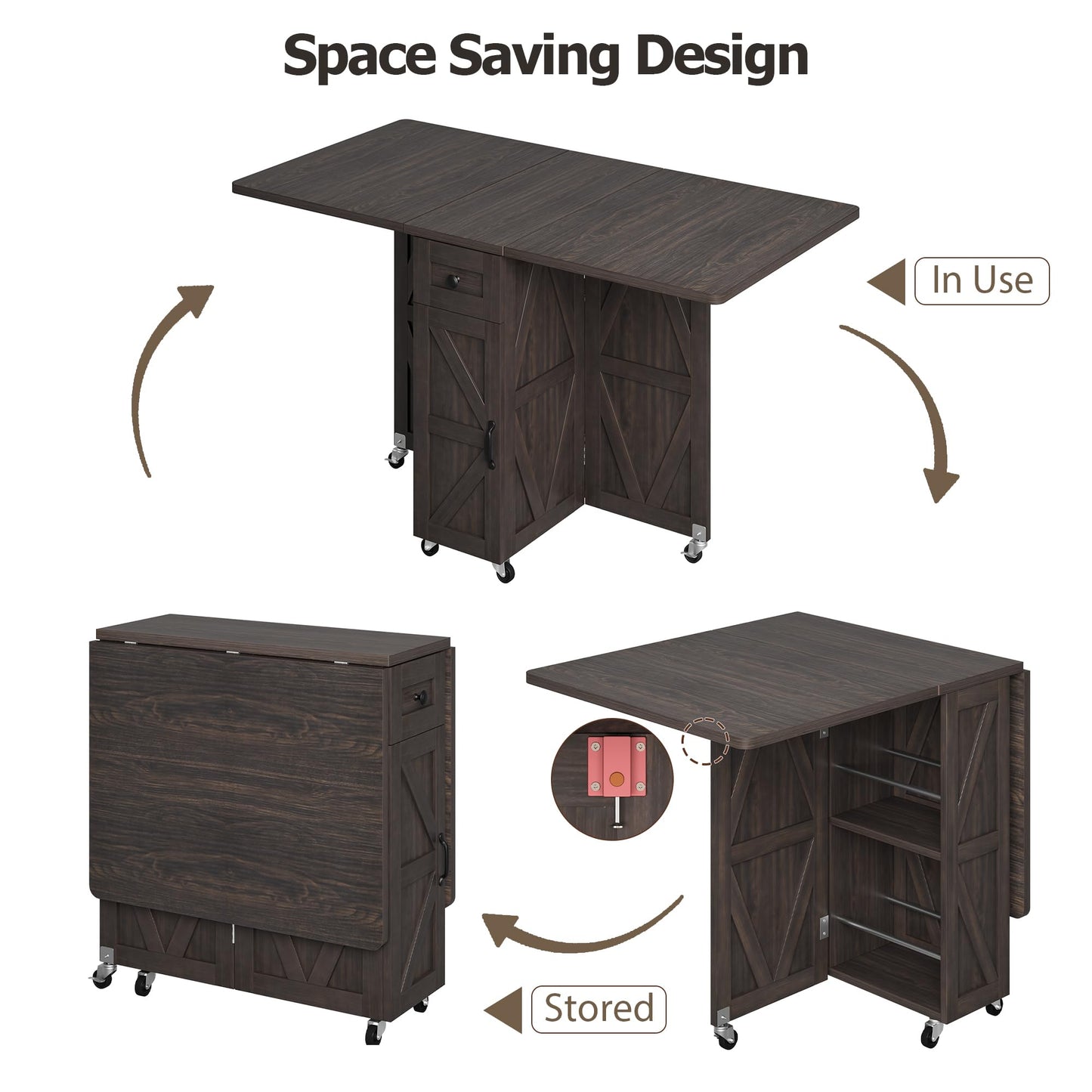 Jocoevol Space Saving Folding Dining Table, Farmhouse Foldable Dining Table with Drawer and 2-Layer Storage Shelf, 6 Wheels Multipose Expandable Kitchen Drop Leaf Table for Small Space (Dark Walnut)
