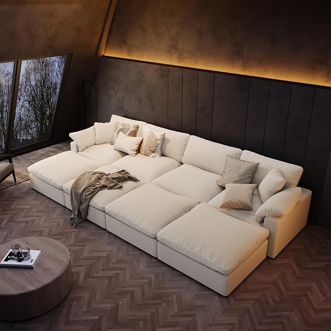 Forest aesthetics Modular Sectional Sofa,Extra Comfty Deep-Seat-Filled Couch, White 6 Seat U Shape Sofas with Movable Ottoman, Modern Couches for Living Room, Apartment, Office,Small Space
