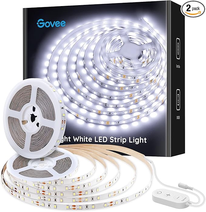 Govee 32.8ft White LED Strip Lights, 6500K Dimmable LED Light Strip with Control Box, Bright 600 LEDs, Daylight White Ligh...