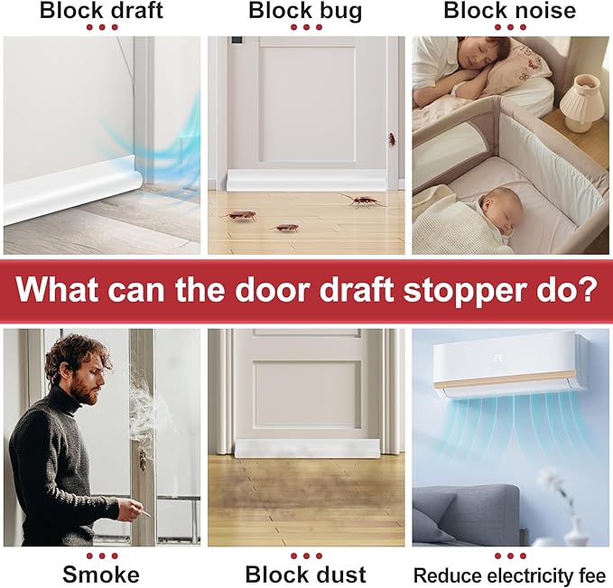 HomeProtect Door Draft Stopper Weather Stripping Door Seal Under Door Sweep Block Cold Air Gaps Front Soundproof Draft Blocker for Bottom of Door Suitable for Interior/Exterior,White