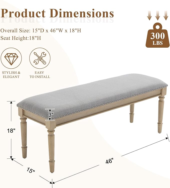 DM Furniture 46'' French Country Entryway Bench Wooden Linen Fabric Upholstered Seat Dinng Bench with Nailhead Trim for Hallway End of Bed, Grey