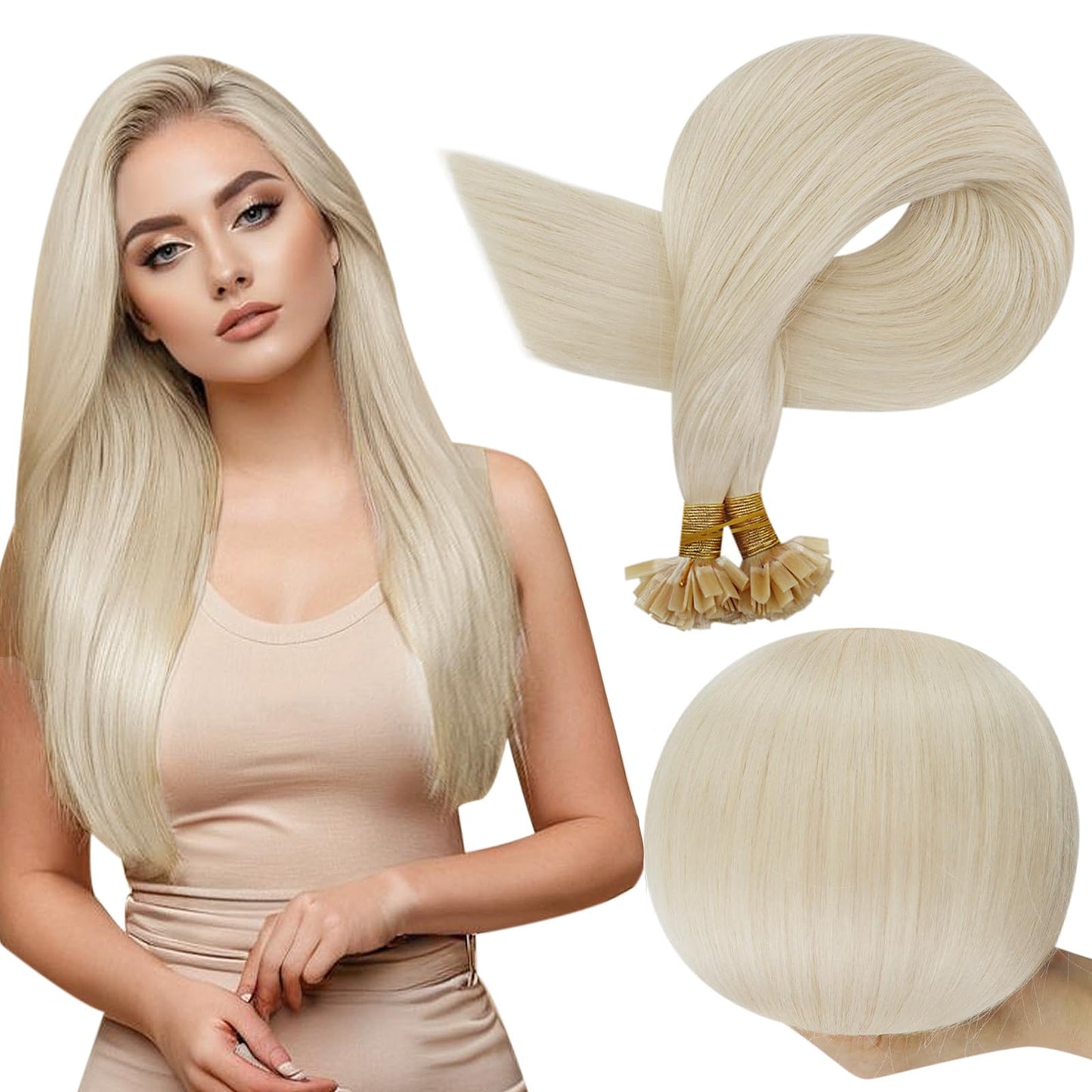 Full Shine Ktip Human Hair Extensions Color 1000 Ice Blonde 16 Inch 50G/50S K Tips Hair Extensions Human Hair Straight Extension