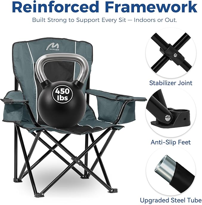 Matrasco Oversized Padded Camping Chair, Heavy-Duty Steel Frame for 450 lbs Supports, Convenient 6-Can Cooler, Portable Carry Bag, Perfect for Outdoor, Beach, and Hiking (Gray & Black)