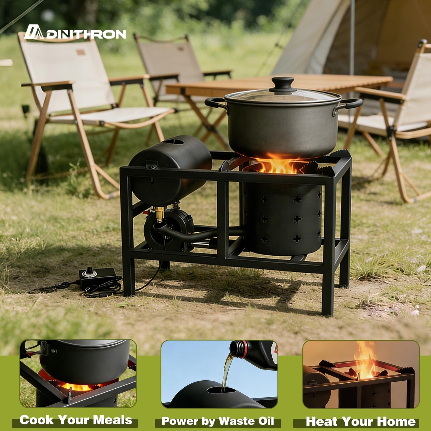 DINITHRON DC 12V Waste Oil Burner & Heater, High-Efficiency Heavy Duty Furnace Stove for Garage, Workshop and Outdoor Cooking Off-Grid Canning Stove & Wok Burner for Homesteading